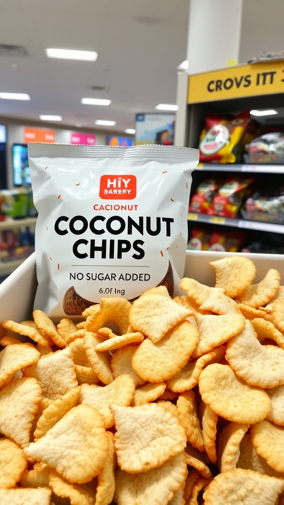 Display of coconut chips with no added sugar in a gas station.