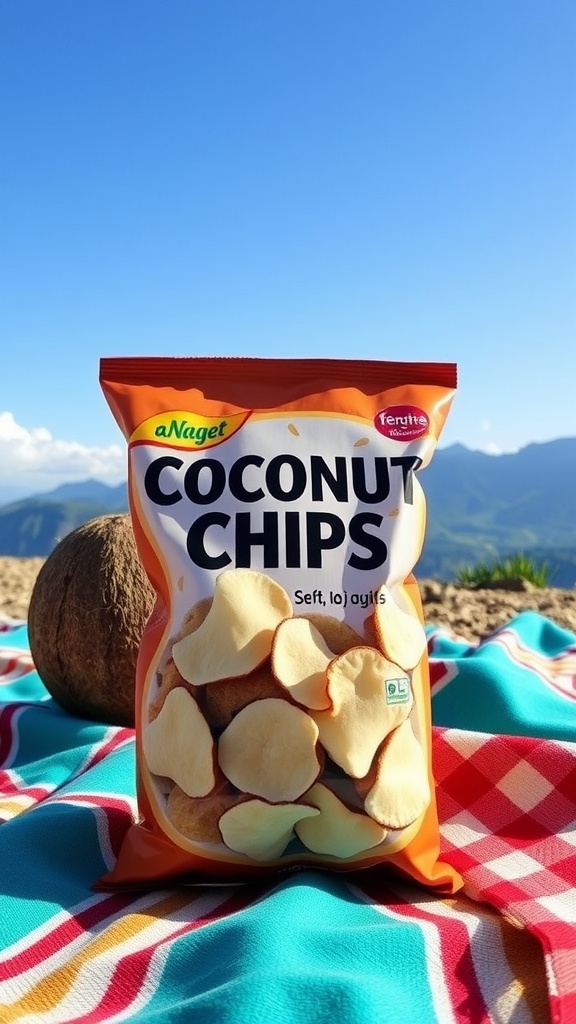 A bag of coconut chips on a colorful blanket in a scenic outdoor setting.