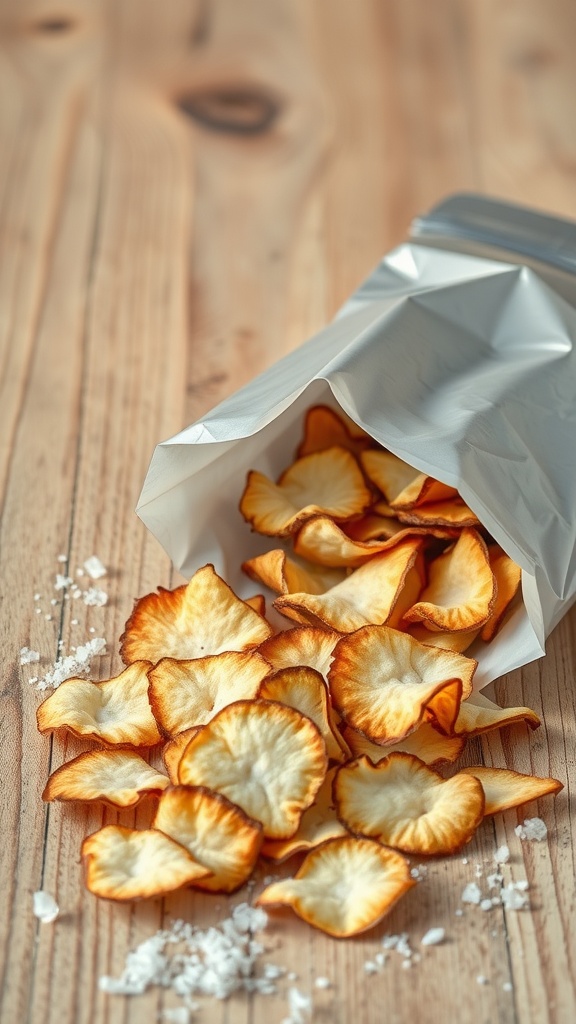 A bag of crunchy coconut chips with sea salt spilling onto a wooden table.