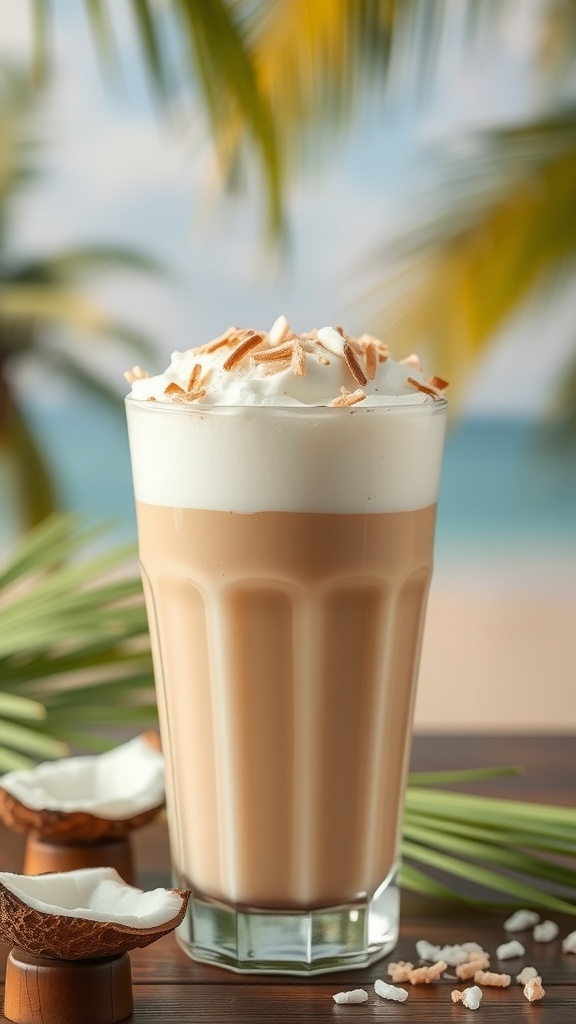 A glass of Coconut Cream Keto Coffee topped with whipped cream and coconut flakes, placed on a wooden surface with coconut shells and tropical leaves in the background.