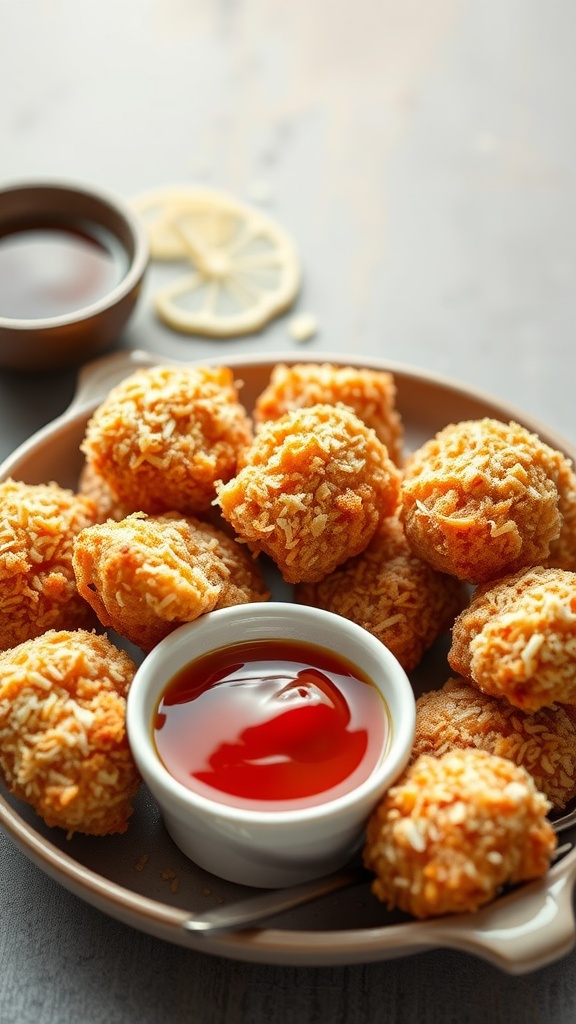 A plate of golden coconut crusted chicken nuggets with a small bowl of dipping sauce.