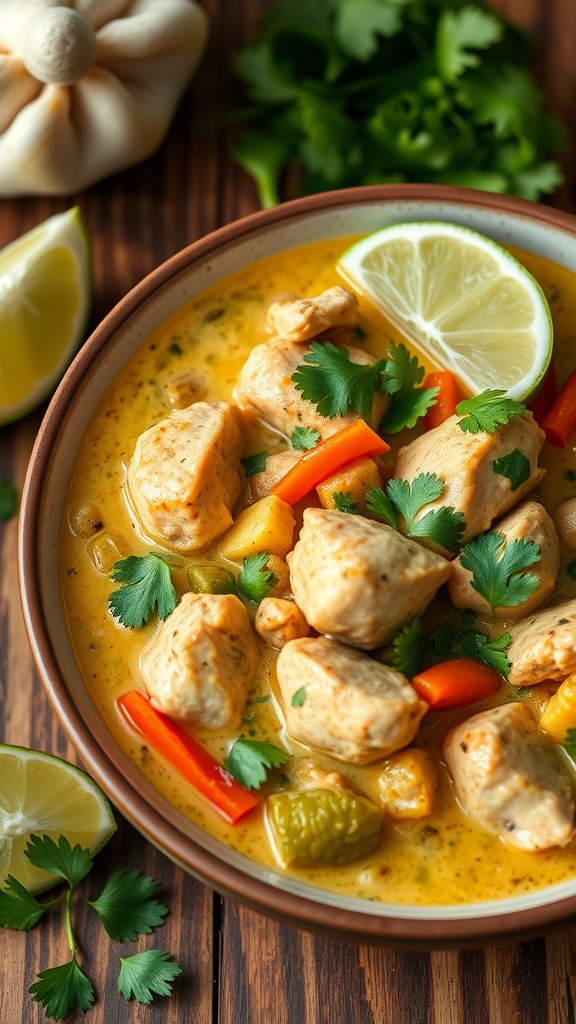 A delicious bowl of coconut curry chicken garnished with lime and herbs.