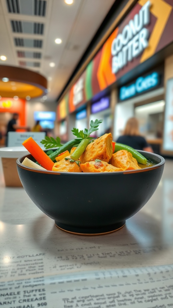 A bowl of Coconut Curry Chicken with vibrant vegetables against a food court backdrop.