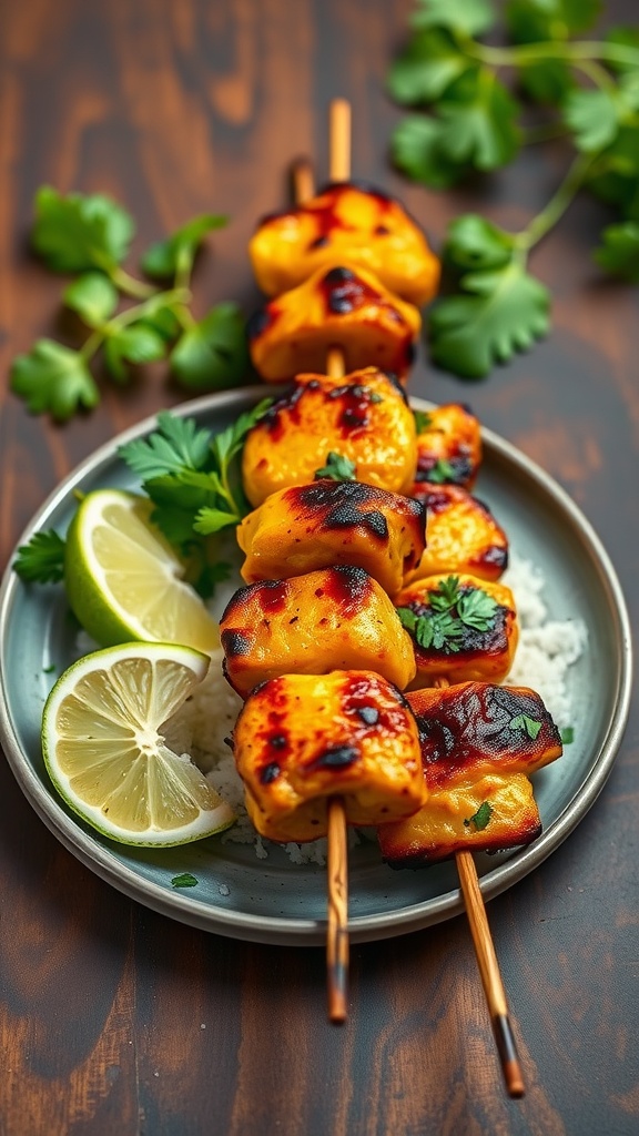 Grilled coconut curry chicken skewers with lime and cilantro on a plate.