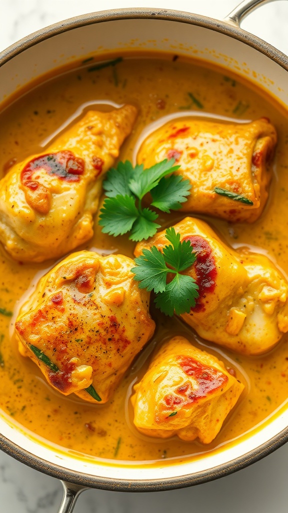 A bowl of coconut curry chicken thighs garnished with fresh cilantro.