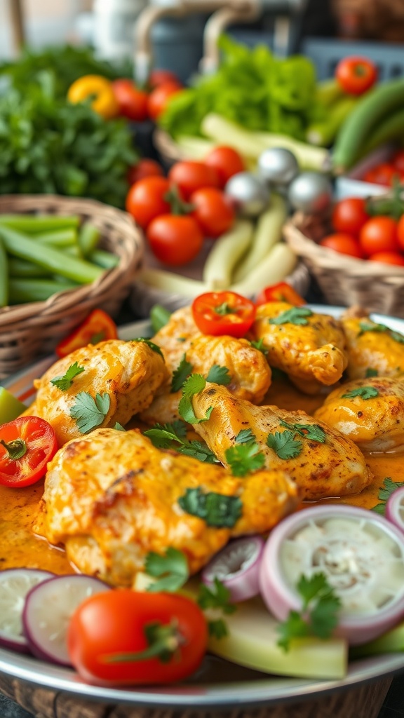 A plate of coconut curry chicken thighs garnished with herbs, surrounded by fresh vegetables.