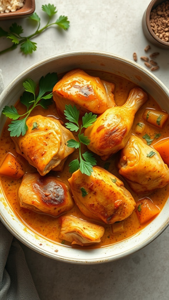 A bowl of coconut curry chicken thighs garnished with parsley and accompanied by spices.