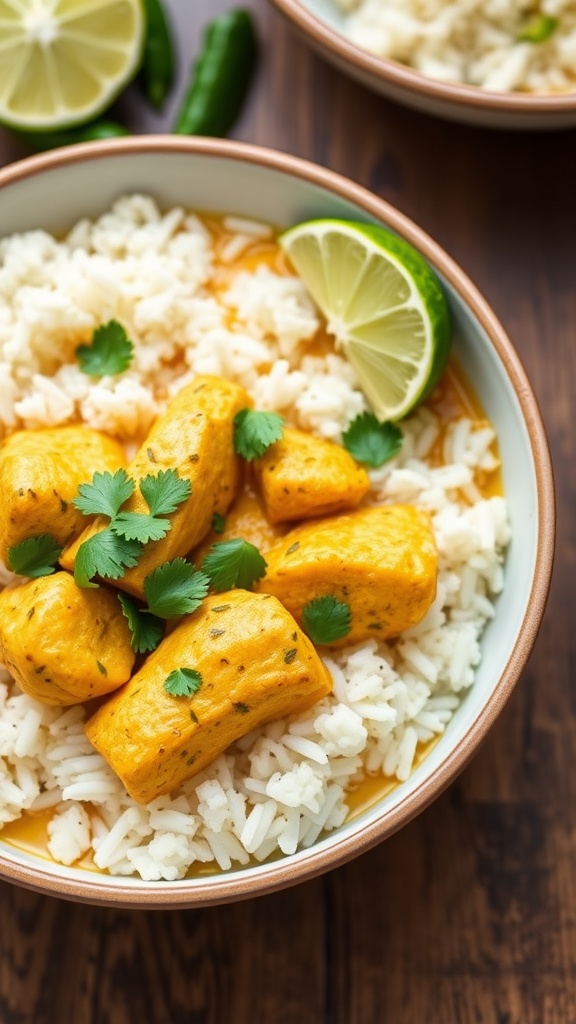 A bowl of coconut curry chicken served over cauliflower rice, garnished with lime slices and fresh cilantro.