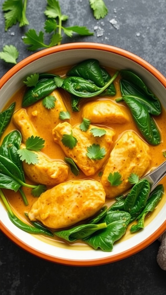 A bowl of coconut curry chicken with fresh spinach leaves and cilantro.