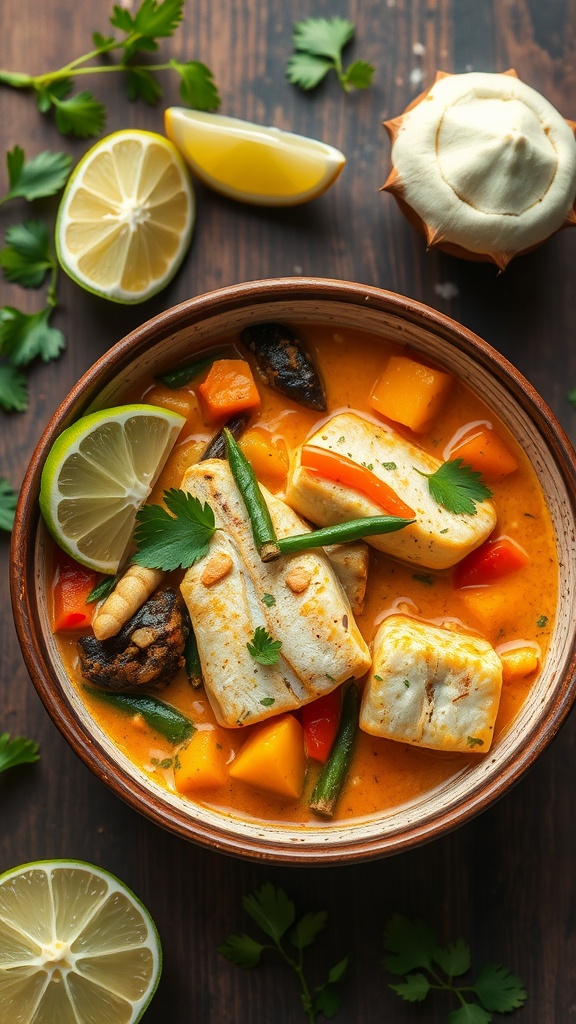 A bowl of Coconut Curry Fish Stew with fish, vegetables, and lime slices.