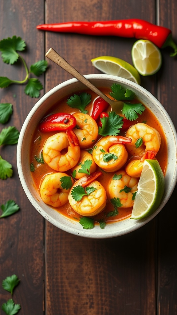 A bowl of coconut curry shrimp garnished with cilantro and lime, surrounded by fresh ingredients.