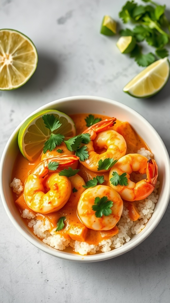 A bowl of coconut curry shrimp garnished with herbs and surrounded by fresh vegetables.