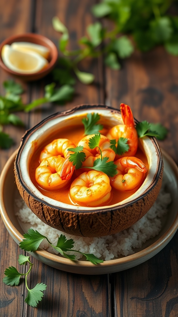 A bowl of coconut curry shrimp garnished with fresh cilantro, served over rice.