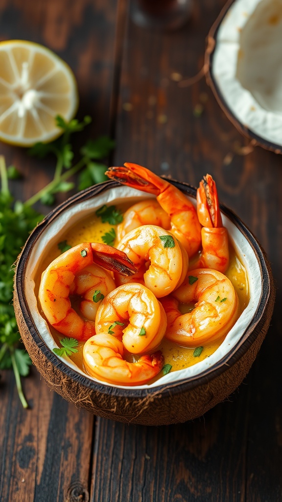 A bowl of coconut curry shrimp garnished with cilantro, surrounded by lemon and herbs.