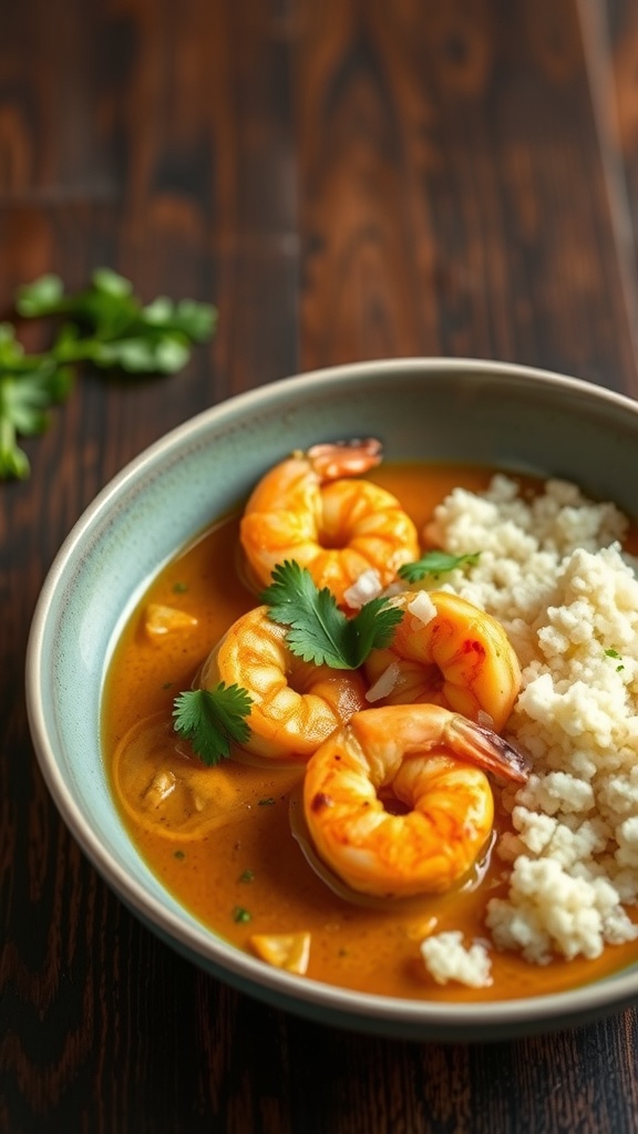 Bowl of coconut curry shrimp with cauliflower rice and cilantro