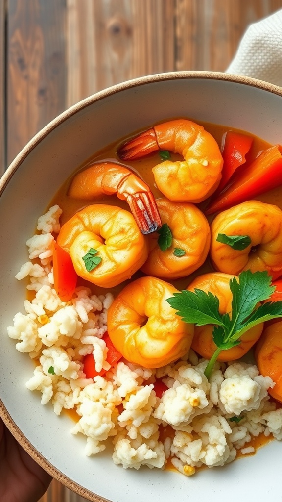 A bowl of coconut curry shrimp served over rice, garnished with fresh herbs.