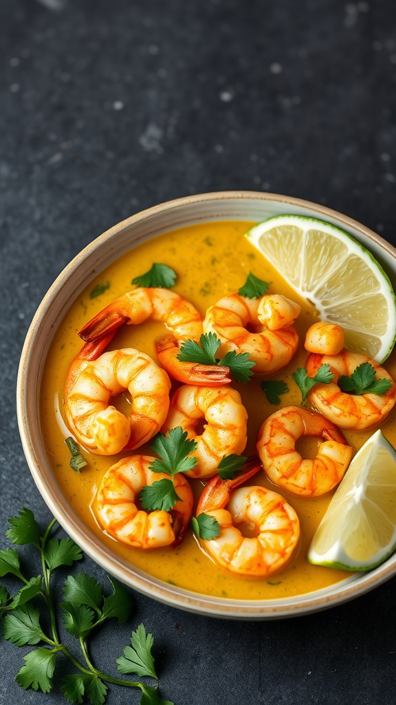 Bowl of coconut curry shrimp with lime and cilantro on a dark background.