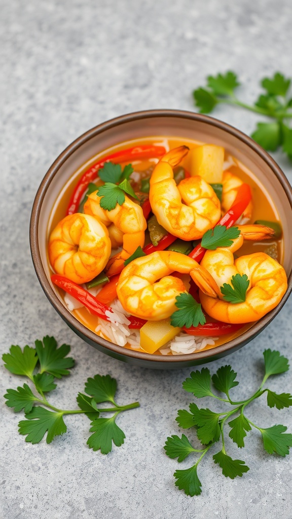 Bowl of coconut curry shrimp with vegetables and rice
