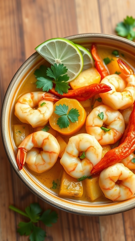 A bowl of coconut curry shrimp with lime and red chili.