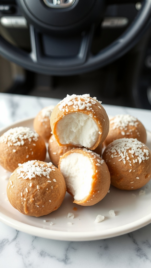 A plate of coconut fat bombs with chocolate drizzle and crumbs, in front of a car.