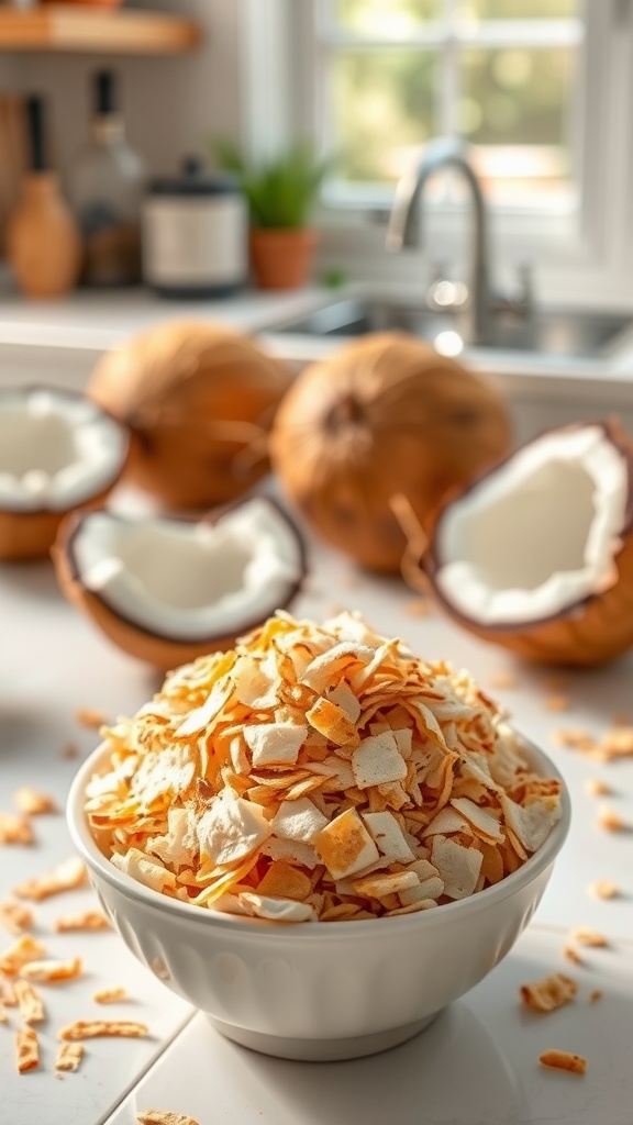 A bowl of coconut flakes with coconut shells in the background.