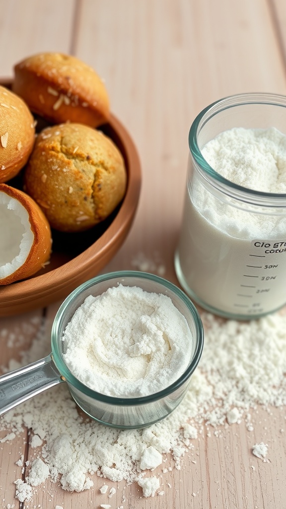 A measuring cup filled with coconut flour next to freshly baked buns in a bowl.