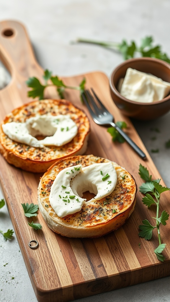 Coconut flour bagels topped with cream cheese on a wooden cutting board, garnished with herbs.