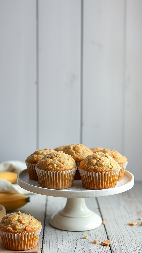 A display of coconut flour banana muffins on a cake stand with bananas in the background