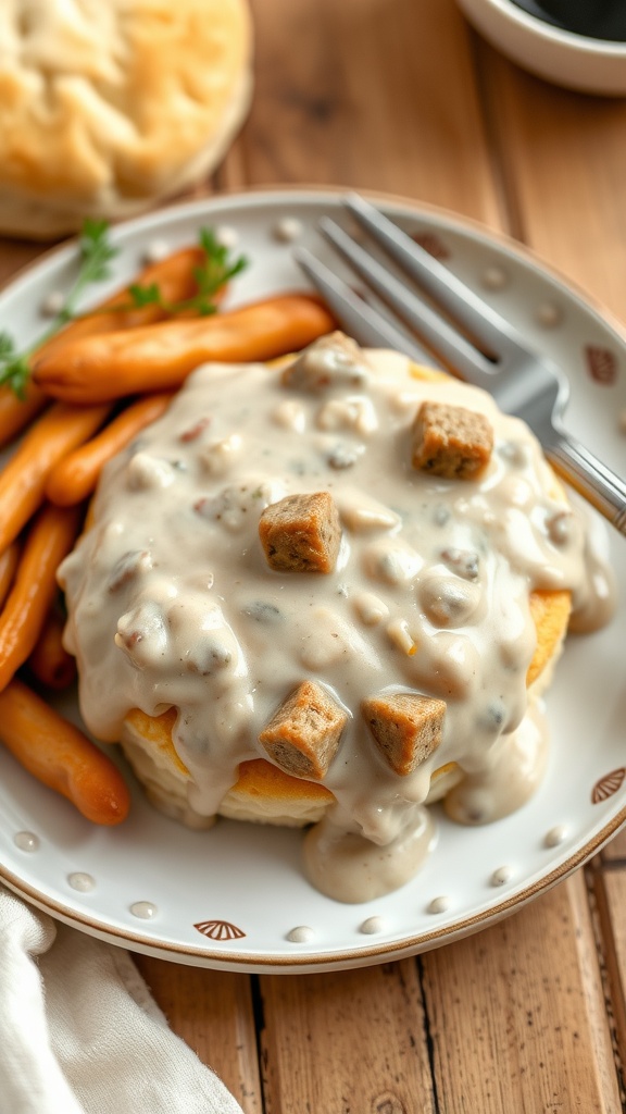 Delicious coconut flour biscuits topped with creamy gravy and served with a side of carrot sticks.