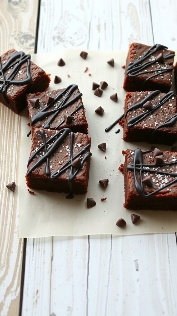 Fudgy coconut flour brownies drizzled with chocolate and sprinkled with salt.