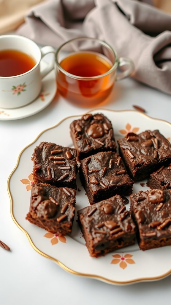 A plate of coconut flour brownies with two cups of tea in the background.