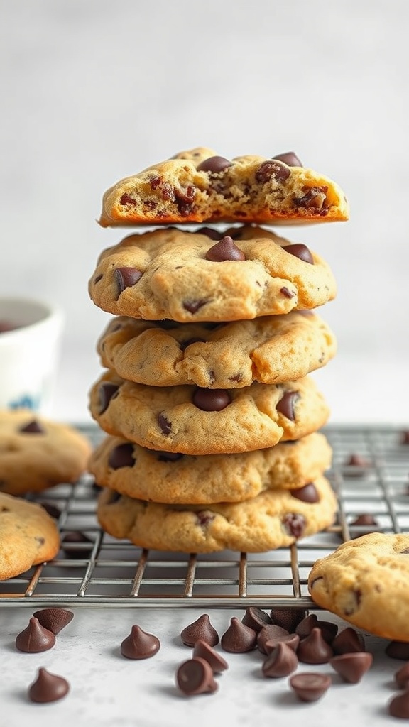 Stack of coconut flour chocolate chip cookies with chocolate chips scattered around.