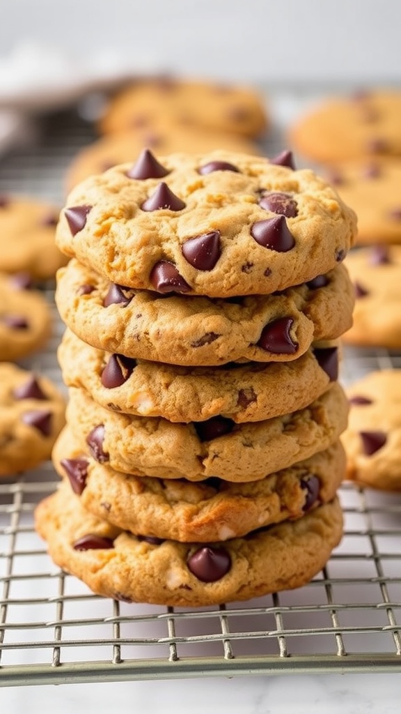 Stack of coconut flour chocolate chip cookies on a cooling rack.