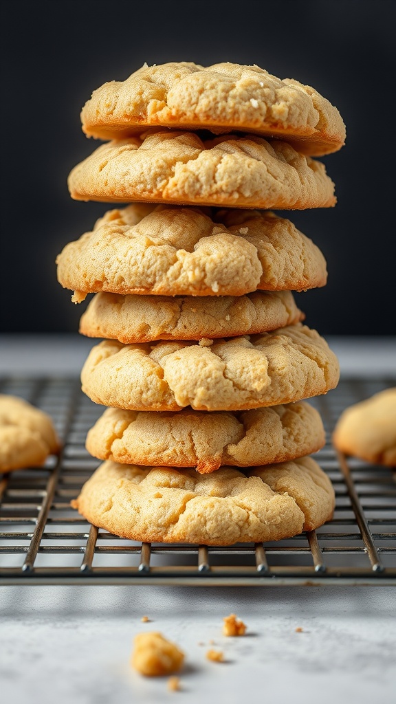 A stack of freshly baked coconut flour cookies on a cooling rack.