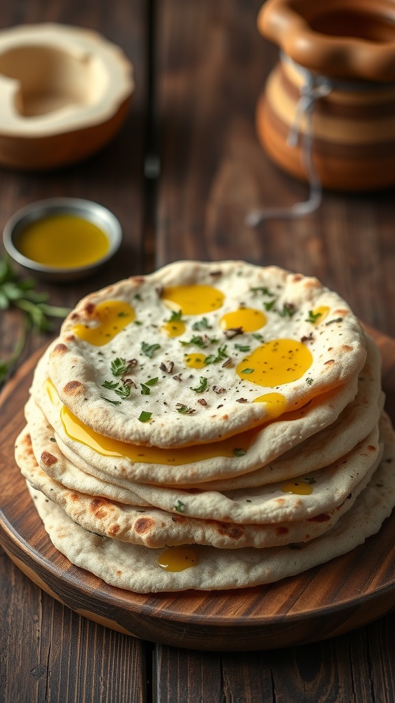 A stack of coconut flour flatbreads topped with egg yolks and herbs on a wooden plate.