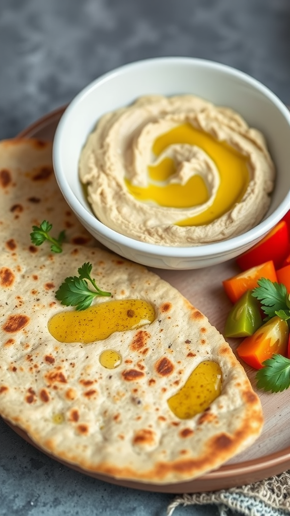 A plate of coconut flour flatbreads with a swirl of hummus on top.