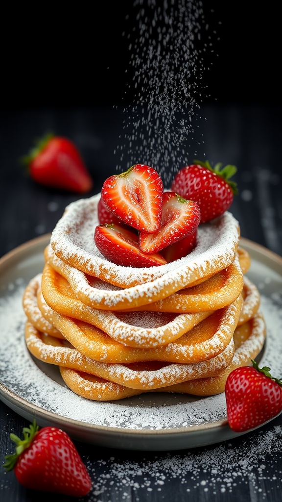 A stack of funnel cakes topped with strawberries and powdered sugar on a dark background.