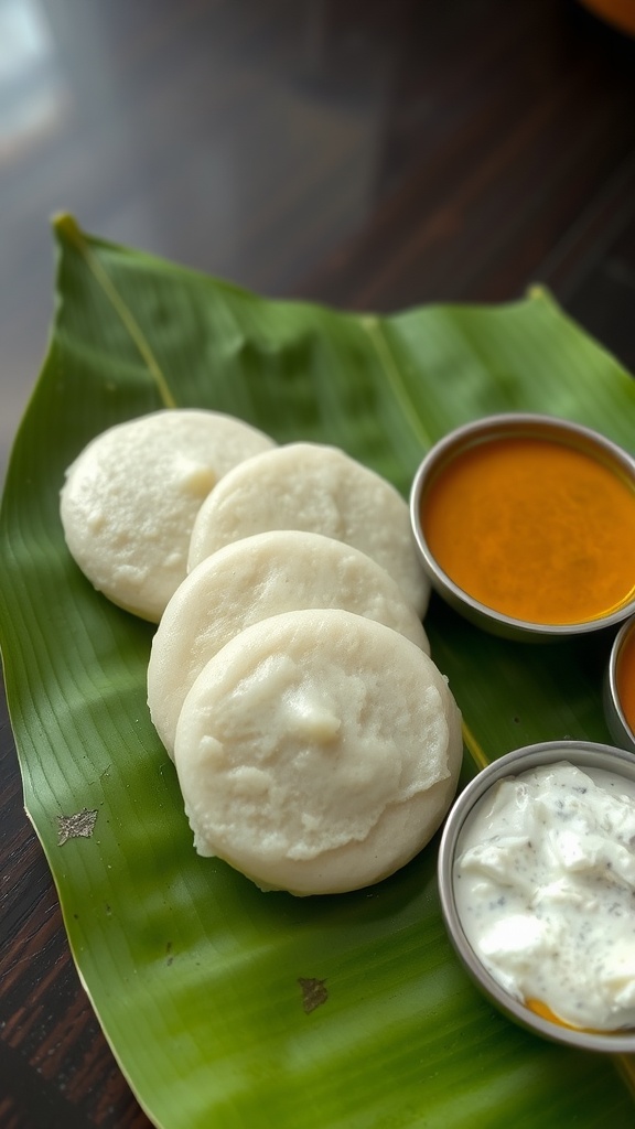 A plate of coconut flour idli served with chutney and sambar on a banana leaf.