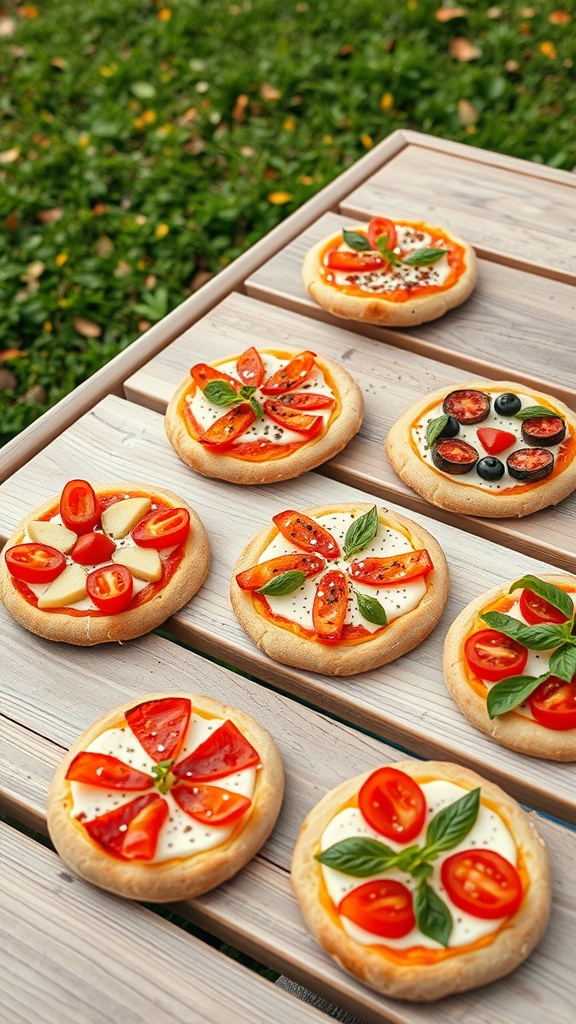 Coconut flour mini pizzas topped with various vegetables on a wooden table