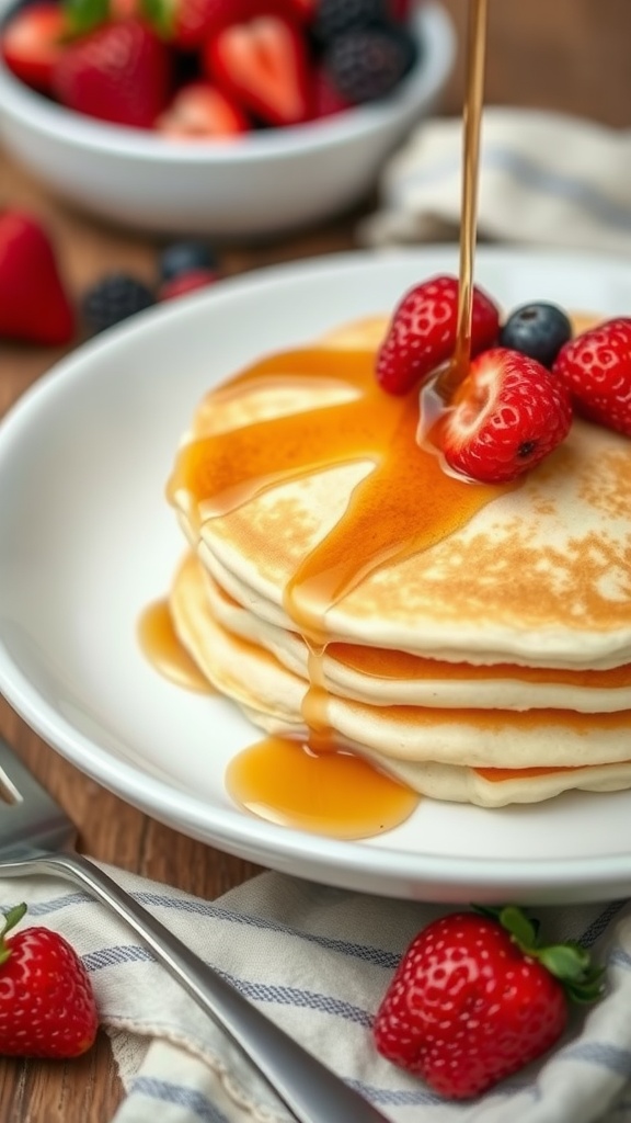 A bowl of coconut flour pancakes topped with strawberries and blueberries, drizzled with syrup.