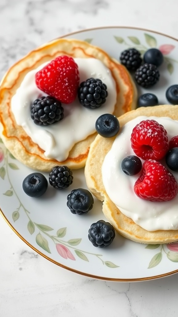 Coconut flour pancakes topped with yogurt and fresh berries on a decorative plate.