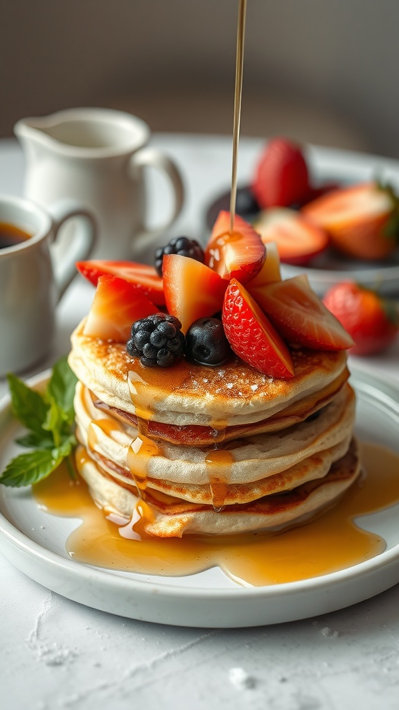 Coconut flour pancakes topped with fresh berries and syrup