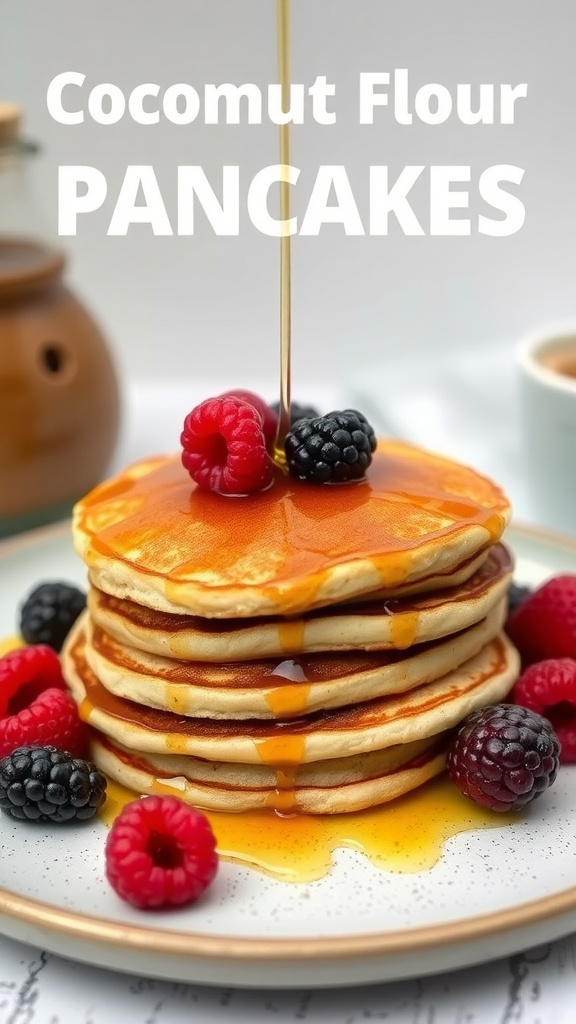 Stack of coconut flour pancakes topped with berries and syrup.