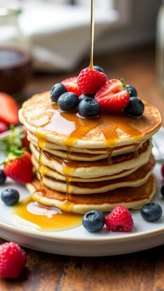 Stack of coconut flour pancakes with syrup and berries
