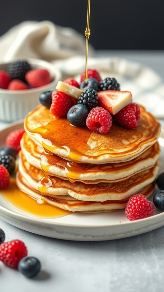 Stack of coconut flour pancakes topped with berries and syrup.