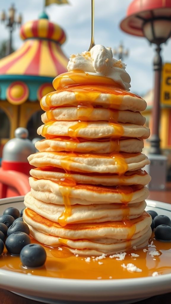 Fluffy stack of coconut flour pancakes topped with syrup and whipped cream, served with blueberries.