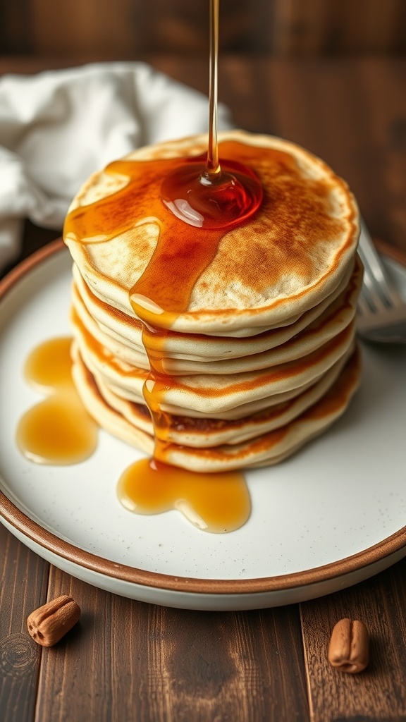 Stack of coconut flour pancakes with syrup drizzled on top.