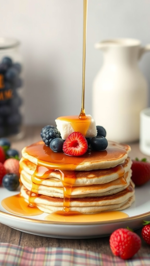 Stack of coconut flour pancakes topped with berries and syrup