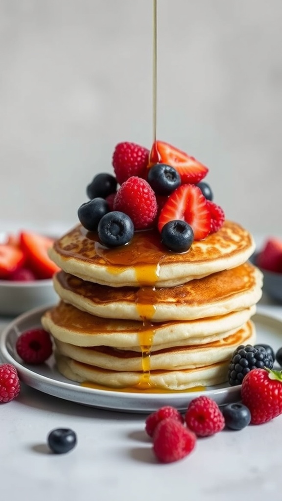 Stack of coconut flour pancakes topped with strawberries and blueberries, with syrup drizzling down.