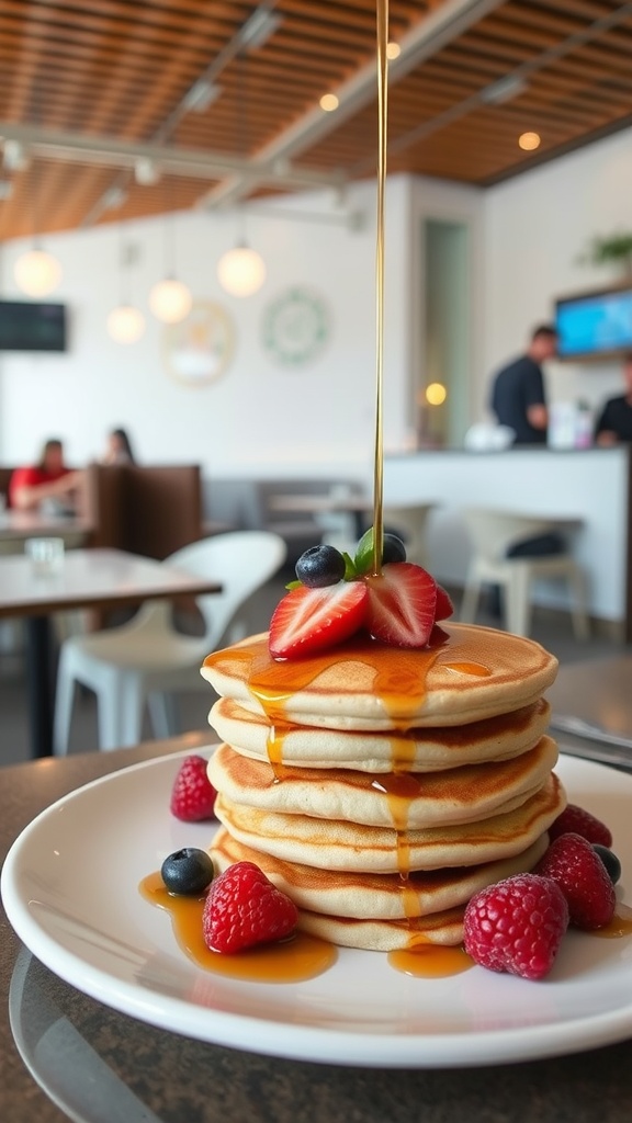 A stack of coconut flour pancakes topped with strawberries, blueberries, and syrup.